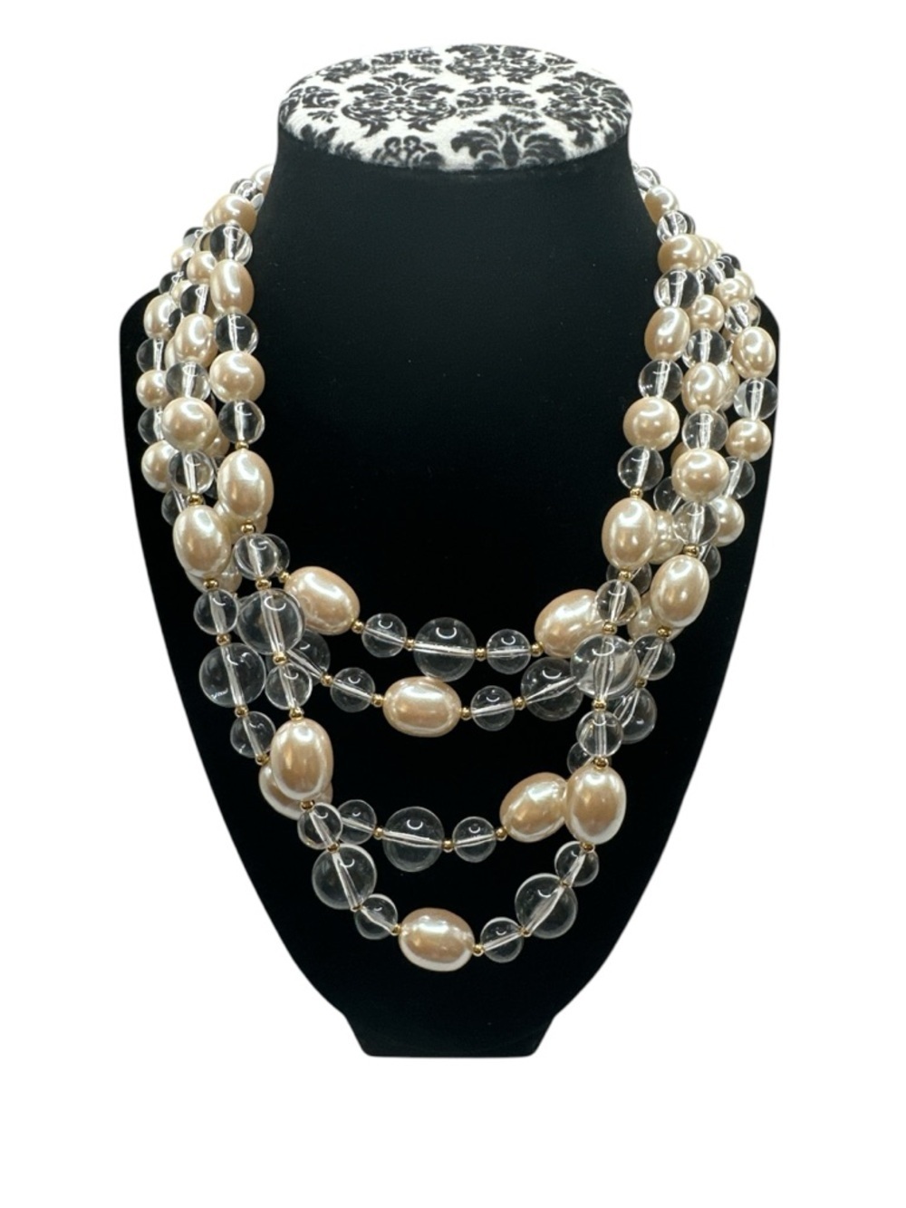 Large 4 Strands Faux White Pearls With Clear Beads Goldtone Wedding Necklace